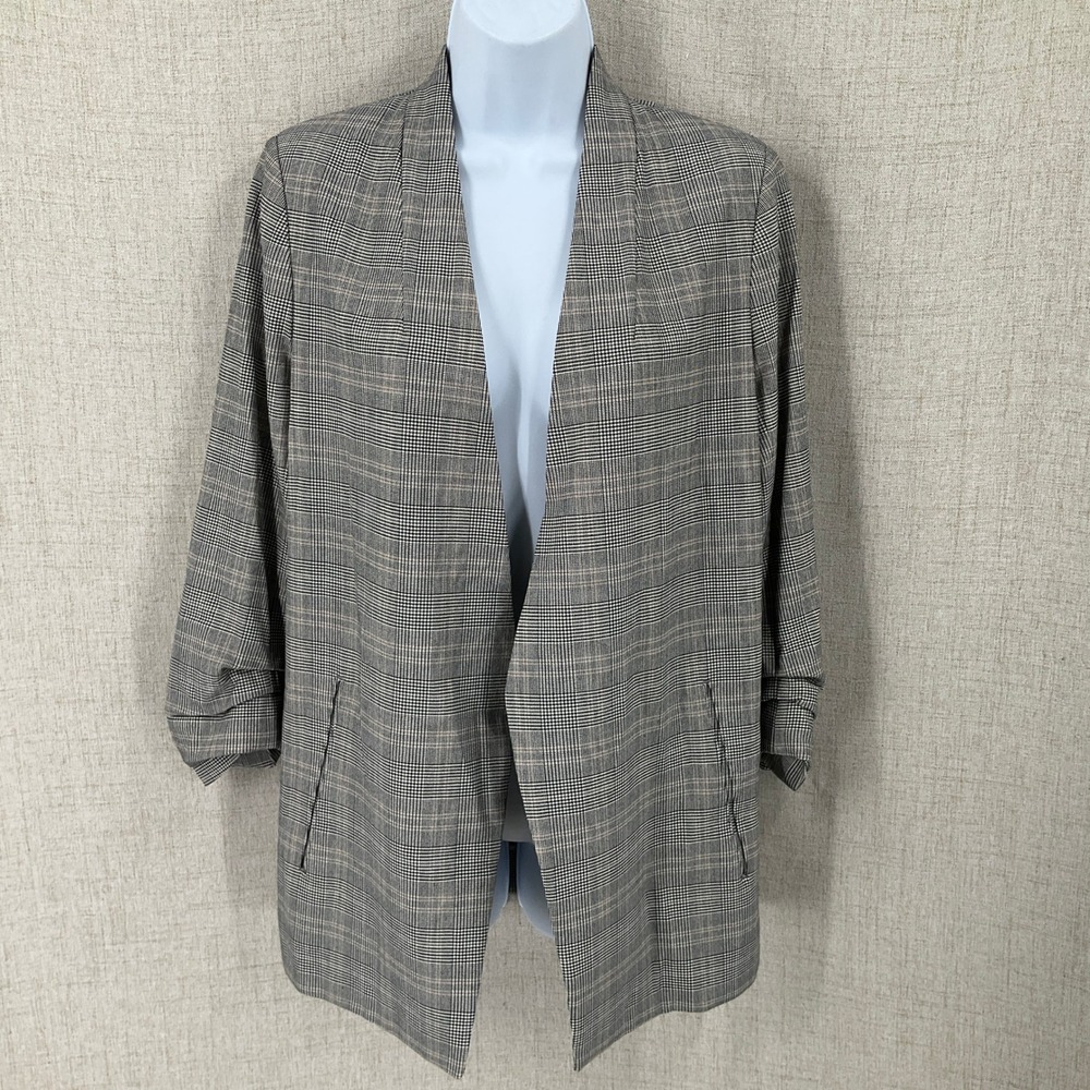 Babaton Blazer Women 8 Grey Plaid Ruched Sleeve Open Front Minimalist Luxury